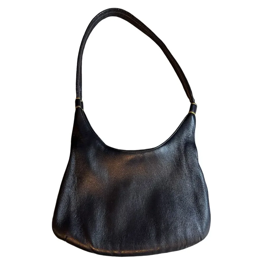 Vintage 70s navy blue leather curved bottom bag